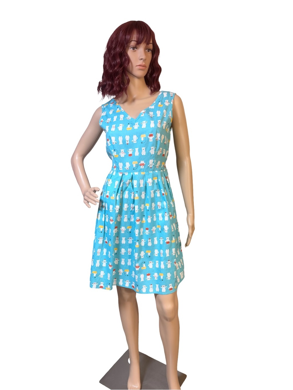 SM Wardrobe EUC Sz S Sleeveless Aqua Blue V-Neck Printed Polar Bear Dress (0830)